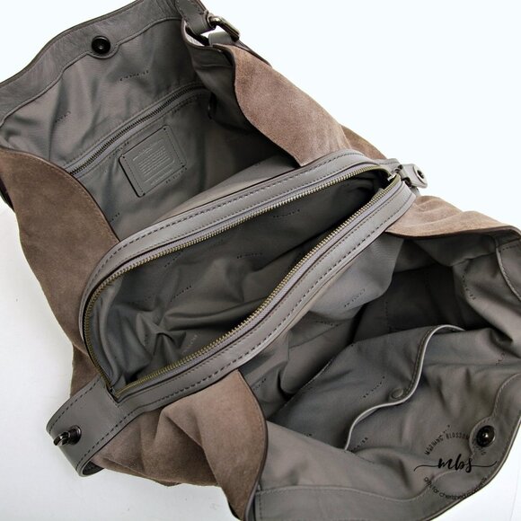 Coach Edie 42 Pebble Leather with Suede Sides Hobo Shoulder Bag Gray Tan - Picture 7 of 16